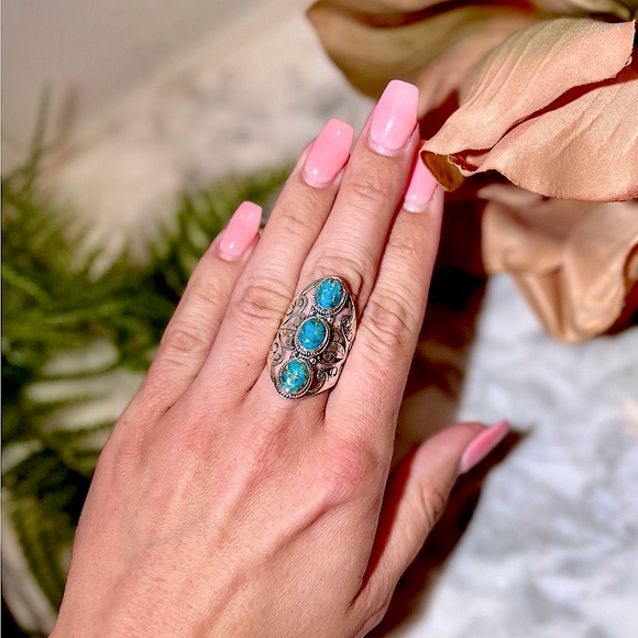 Vintage Handmade Genuine Turquoise Ring Solid 925 Sterling Silver Filigree Ring - Picture 6 of 15